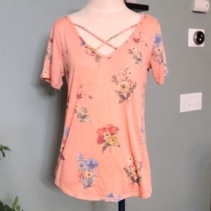 Floral criss-cross neckline shirt